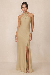 Cross Halter Sheath Bridesmaid Dress With Slit in Champagne | KISSBRIDAL