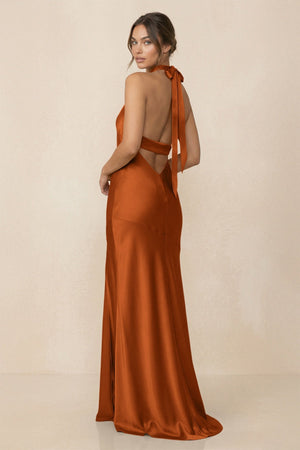 Cross Halter Sheath Bridesmaid Dress With Slit in Cinnamon - KISS BRIDAL Bridesmaid Dresses