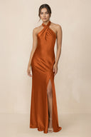 Cross Halter Sheath Bridesmaid Dress With Slit in Cinnamon - KISS BRIDAL Bridesmaid Dresses