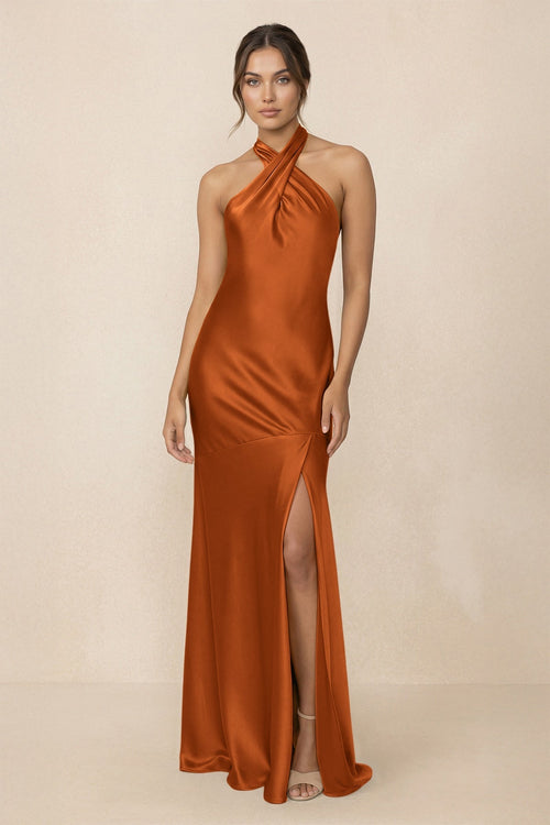 Cross Halter Sheath Bridesmaid Dress With Slit in Cinnamon - KISS BRIDAL Bridesmaid Dresses