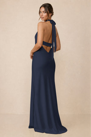 Cross Halter Sheath Bridesmaid Dress With Slit in Dark Navy (2) | KISSBRIDAL