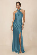 Cross Halter Sheath Bridesmaid Dress With Slit in Dark Teal - KISS BRIDAL Bridesmaid Dresses