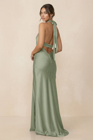 Cross Halter Sheath Bridesmaid Dress With Slit in Dove Gray - KISS BRIDAL Bridesmaid Dresses