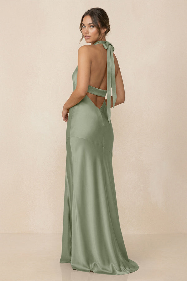 Cross Halter Sheath Bridesmaid Dress With Slit in Dove Gray - KISS BRIDAL Bridesmaid Dresses