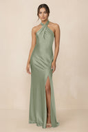 Cross Halter Sheath Bridesmaid Dress With Slit in Dove Gray - KISS BRIDAL Bridesmaid Dresses