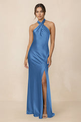 Cross Halter Sheath Bridesmaid Dress With Slit in Dusty Blue - KISS BRIDAL Bridesmaid Dresses