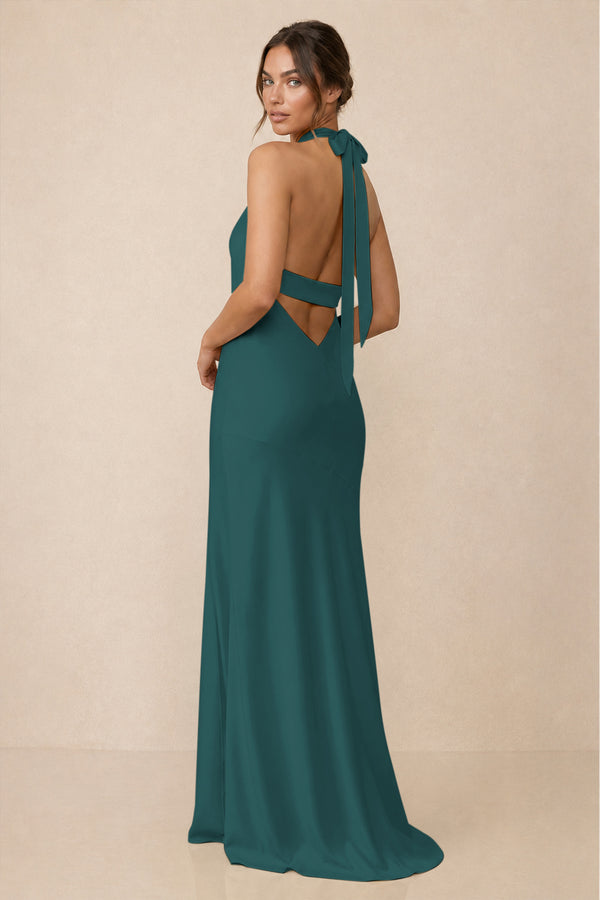 Cross Halter Sheath Bridesmaid Dress With Slit in Emerald (2) | KISSBRIDAL