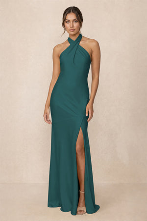 Cross Halter Sheath Bridesmaid Dress With Slit in Emerald | KISSBRIDAL