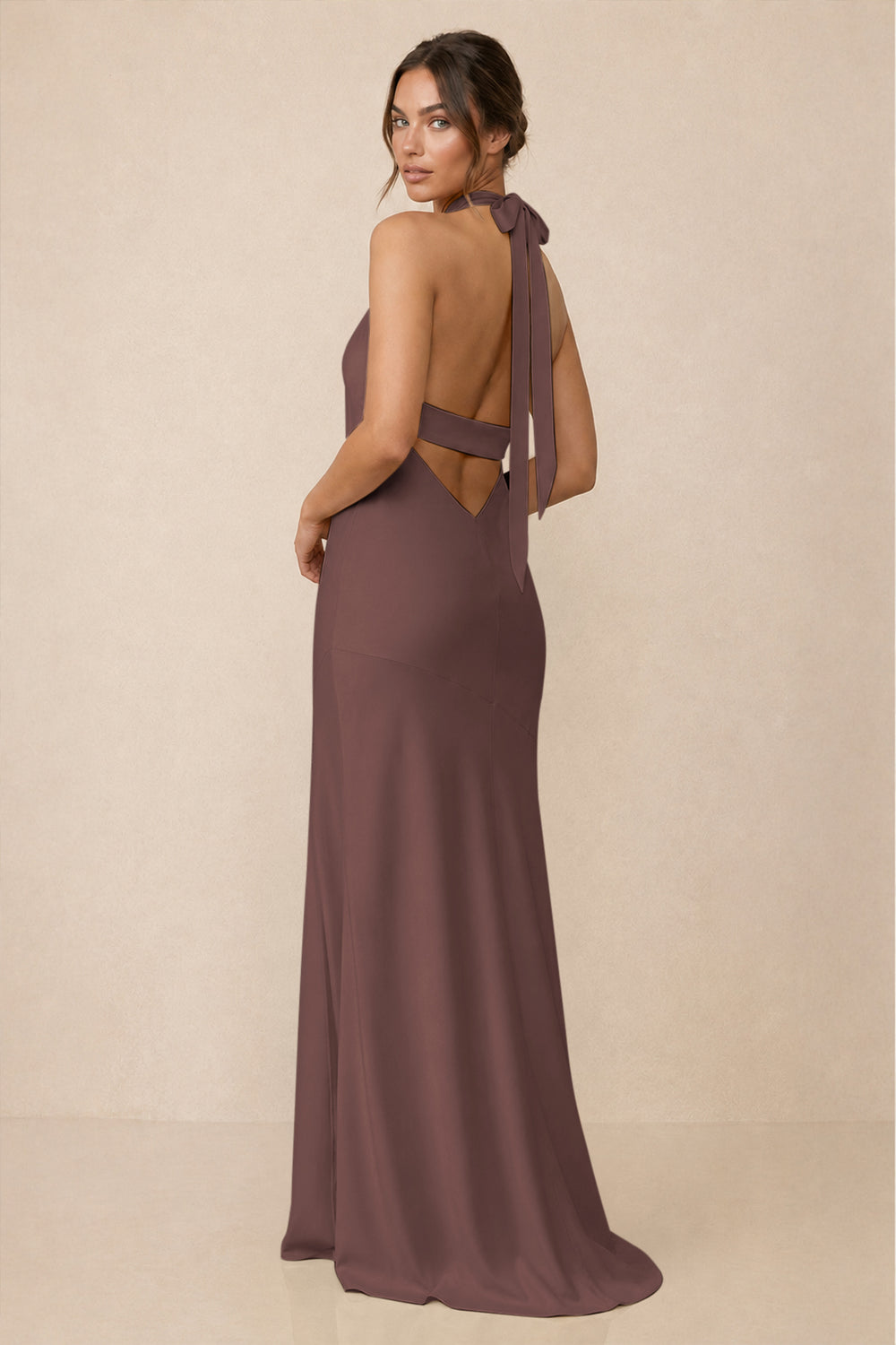 Cross Halter Sheath Bridesmaid Dress With Slit in Espresso