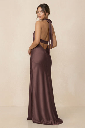 Cross Halter Sheath Bridesmaid Dress With Slit in Espresso - KISS BRIDAL Bridesmaid Dresses