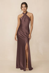 Cross Halter Sheath Bridesmaid Dress With Slit in Espresso - KISS BRIDAL Bridesmaid Dresses