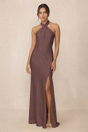 Cross Halter Sheath Bridesmaid Dress With Slit in Espresso | KISSBRIDAL