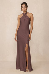 Cross Halter Sheath Bridesmaid Dress With Slit in Espresso | KISSBRIDAL