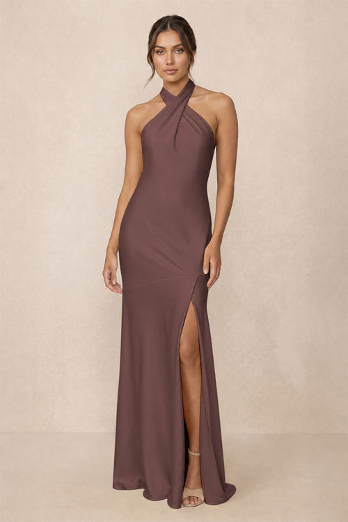 Cross Halter Sheath Bridesmaid Dress With Slit in Espresso | KISSBRIDAL
