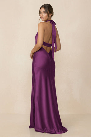 Cross Halter Sheath Bridesmaid Dress With Slit in Fig - KISS BRIDAL Bridesmaid Dresses