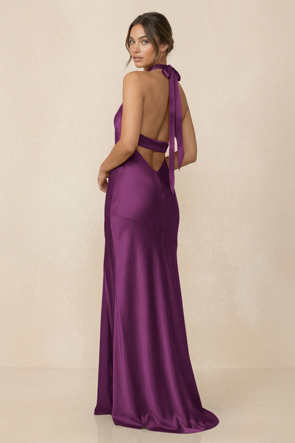 Cross Halter Sheath Bridesmaid Dress With Slit in Fig - KISS BRIDAL Bridesmaid Dresses