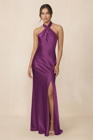Cross Halter Sheath Bridesmaid Dress With Slit in Fig - KISS BRIDAL Bridesmaid Dresses