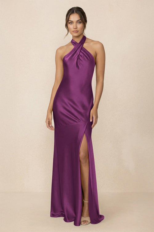 Cross Halter Sheath Bridesmaid Dress With Slit in Fig - KISS BRIDAL Bridesmaid Dresses