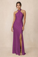 Cross Halter Sheath Bridesmaid Dress With Slit in Fig | KISSBRIDAL