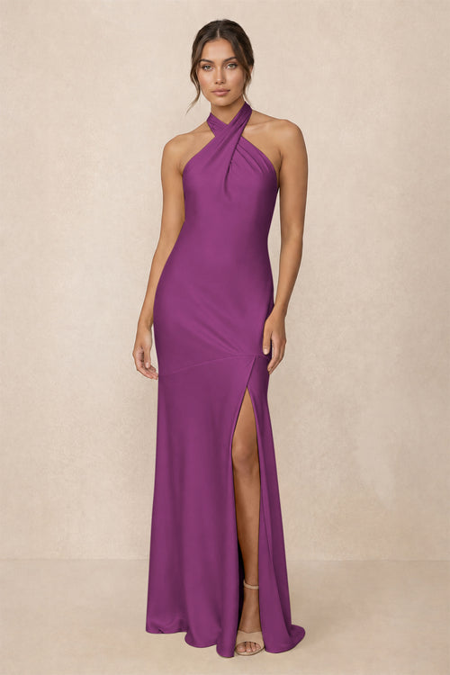 Cross Halter Sheath Bridesmaid Dress With Slit in Fig | KISSBRIDAL