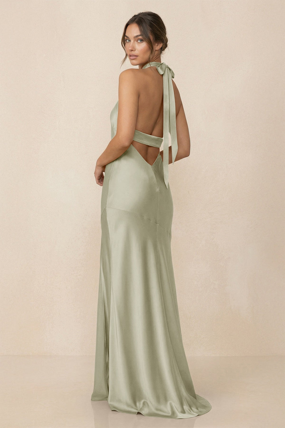 Cross Halter Sheath Bridesmaid Dress With Slit in Frost - KISS BRIDAL Bridesmaid Dresses