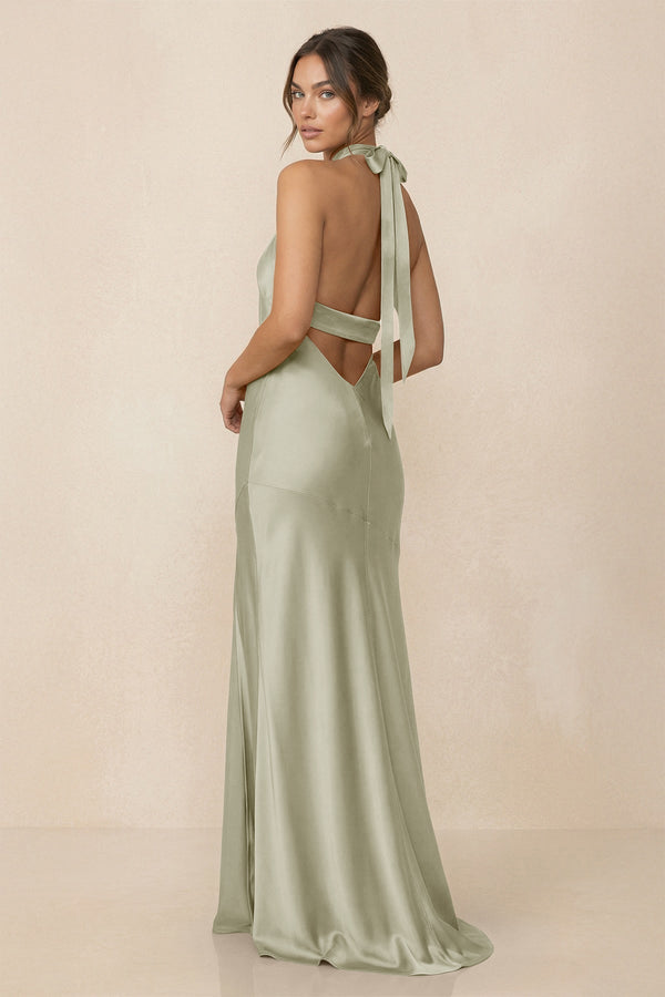 Cross Halter Sheath Bridesmaid Dress With Slit in Frost - KISS BRIDAL Bridesmaid Dresses