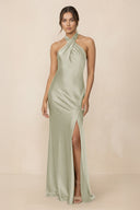 Cross Halter Sheath Bridesmaid Dress With Slit in Frost - KISS BRIDAL Bridesmaid Dresses