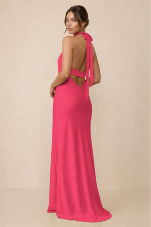Cross Halter Sheath Bridesmaid Dress With Slit in Fuchsia (2) | KISSBRIDAL