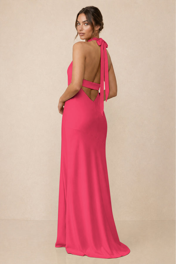 Cross Halter Sheath Bridesmaid Dress With Slit in Fuchsia (2) | KISSBRIDAL