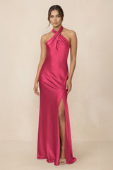 Cross Halter Sheath Bridesmaid Dress With Slit in Fuchsia - KISS BRIDAL Bridesmaid Dresses