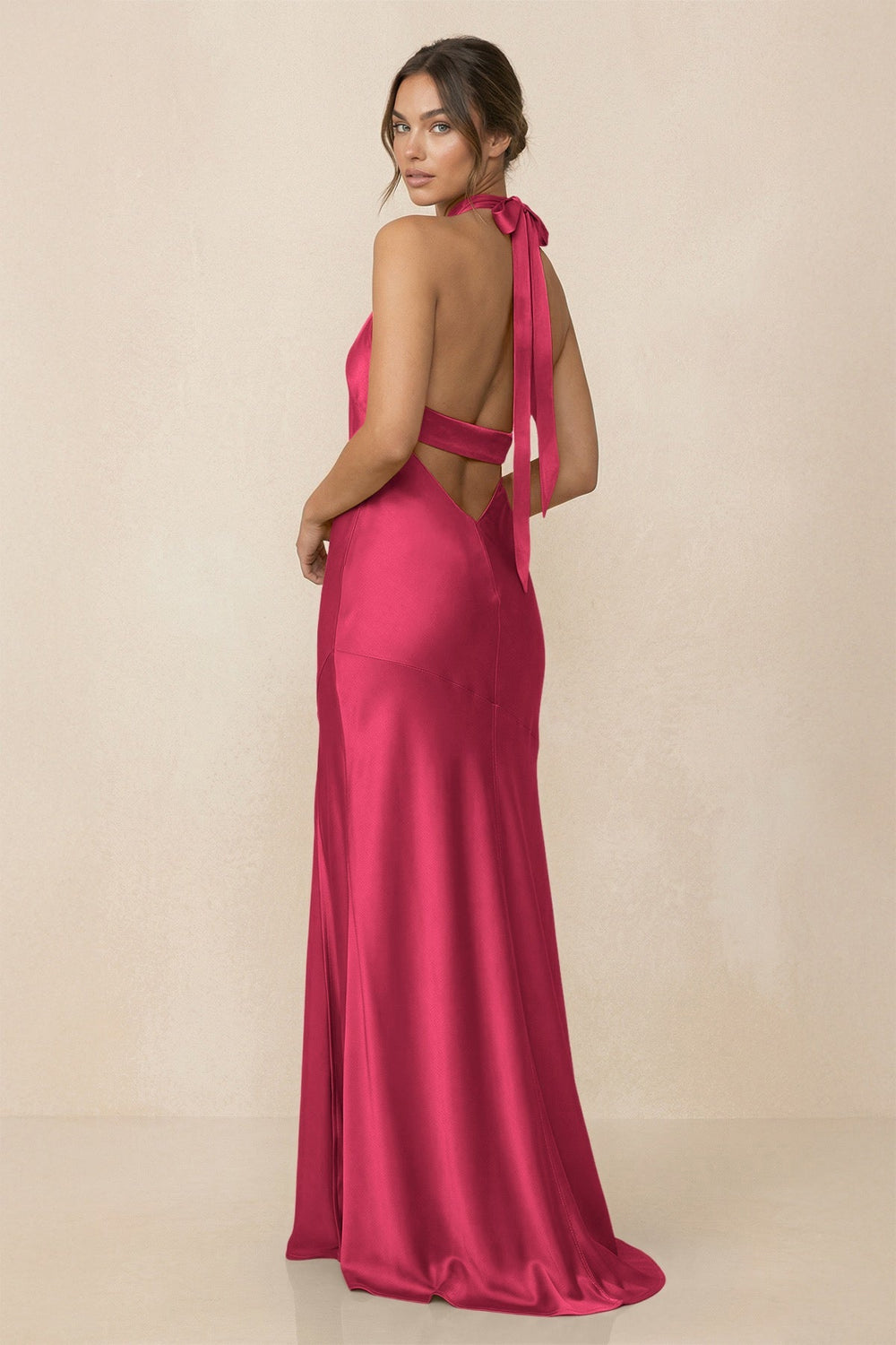 Cross Halter Sheath Bridesmaid Dress With Slit in Fuchsia - KISS BRIDAL Bridesmaid Dresses