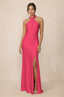 Cross Halter Sheath Bridesmaid Dress With Slit in Fuchsia | KISSBRIDAL