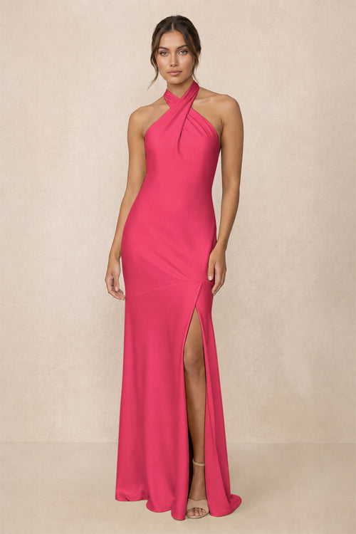Cross Halter Sheath Bridesmaid Dress With Slit in Fuchsia | KISSBRIDAL
