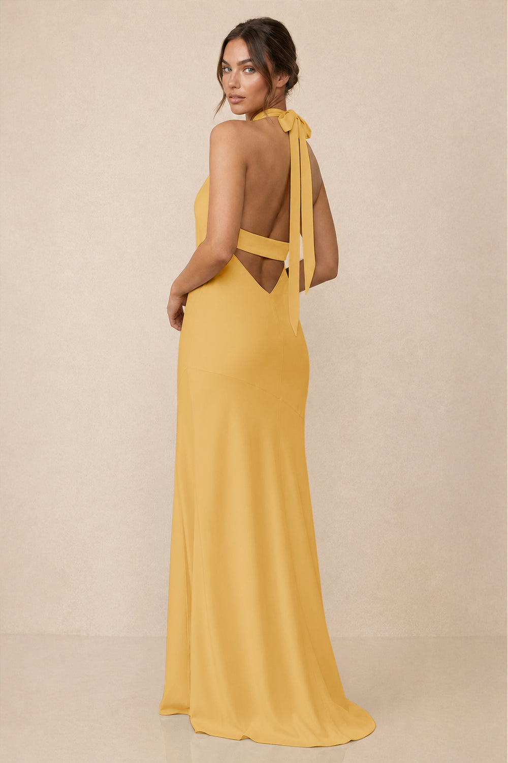 Cross Halter Sheath Bridesmaid Dress With Slit in Gold
