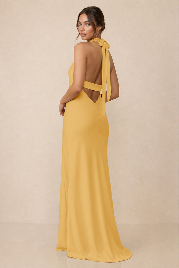 Cross Halter Sheath Bridesmaid Dress With Slit in Gold (2) | KISSBRIDAL