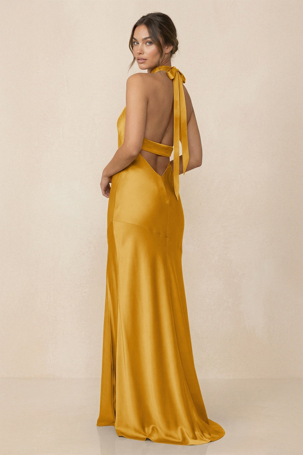 Cross Halter Sheath Bridesmaid Dress With Slit in Gold - KISS BRIDAL Bridesmaid Dresses