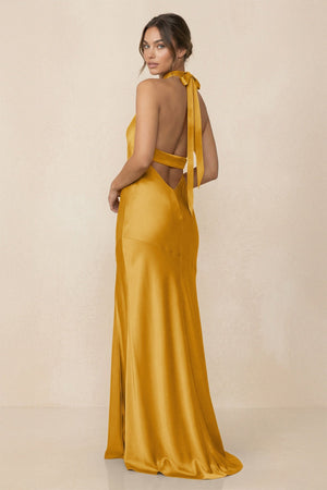 Cross Halter Sheath Bridesmaid Dress With Slit in Gold - KISS BRIDAL Bridesmaid Dresses