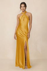 Cross Halter Sheath Bridesmaid Dress With Slit in Gold - KISS BRIDAL Bridesmaid Dresses