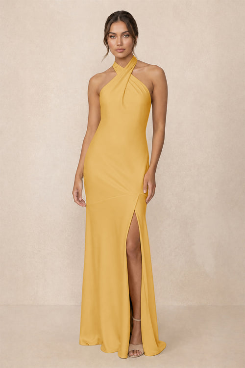 Cross Halter Sheath Bridesmaid Dress With Slit in Gold | KISSBRIDAL