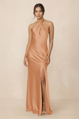 Cross Halter Sheath Bridesmaid Dress With Slit in Golden Champagne - KISS BRIDAL Bridesmaid Dresses