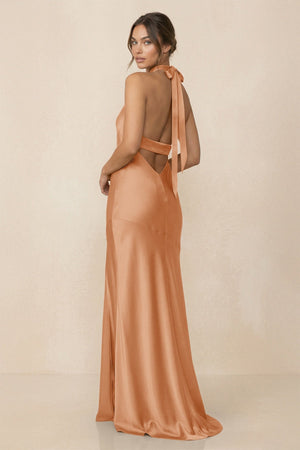 Cross Halter Sheath Bridesmaid Dress With Slit in Golden Champagne - KISS BRIDAL Bridesmaid Dresses