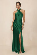 Cross Halter Sheath Bridesmaid Dress With Slit in Green - KISS BRIDAL Bridesmaid Dresses