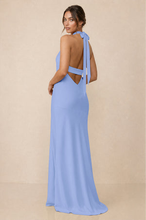 Cross Halter Sheath Bridesmaid Dress With Slit in Ice (2) | KISSBRIDAL