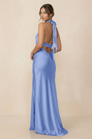 Cross Halter Sheath Bridesmaid Dress With Slit in Ice - KISS BRIDAL Bridesmaid Dresses