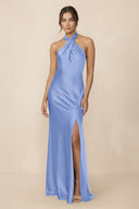 Cross Halter Sheath Bridesmaid Dress With Slit in Ice - KISS BRIDAL Bridesmaid Dresses