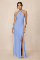 Cross Halter Sheath Bridesmaid Dress With Slit in Ice | KISSBRIDAL