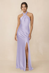 Cross Halter Sheath Bridesmaid Dress With Slit in Lavender - KISS BRIDAL Bridesmaid Dresses
