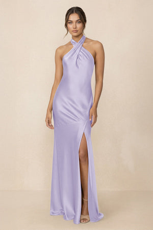 Cross Halter Sheath Bridesmaid Dress With Slit in Lavender - KISS BRIDAL Bridesmaid Dresses