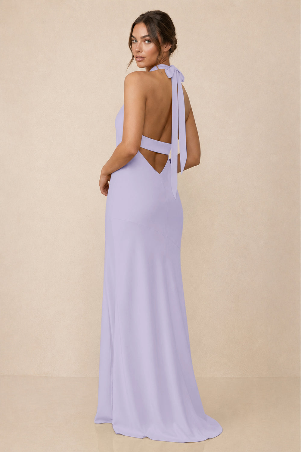 Cross Halter Sheath Bridesmaid Dress With Slit in Lavender