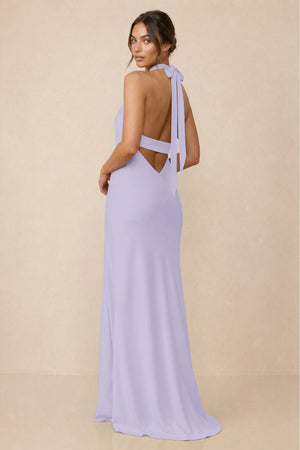 Cross Halter Sheath Bridesmaid Dress With Slit in Lavender (2) | KISSBRIDAL